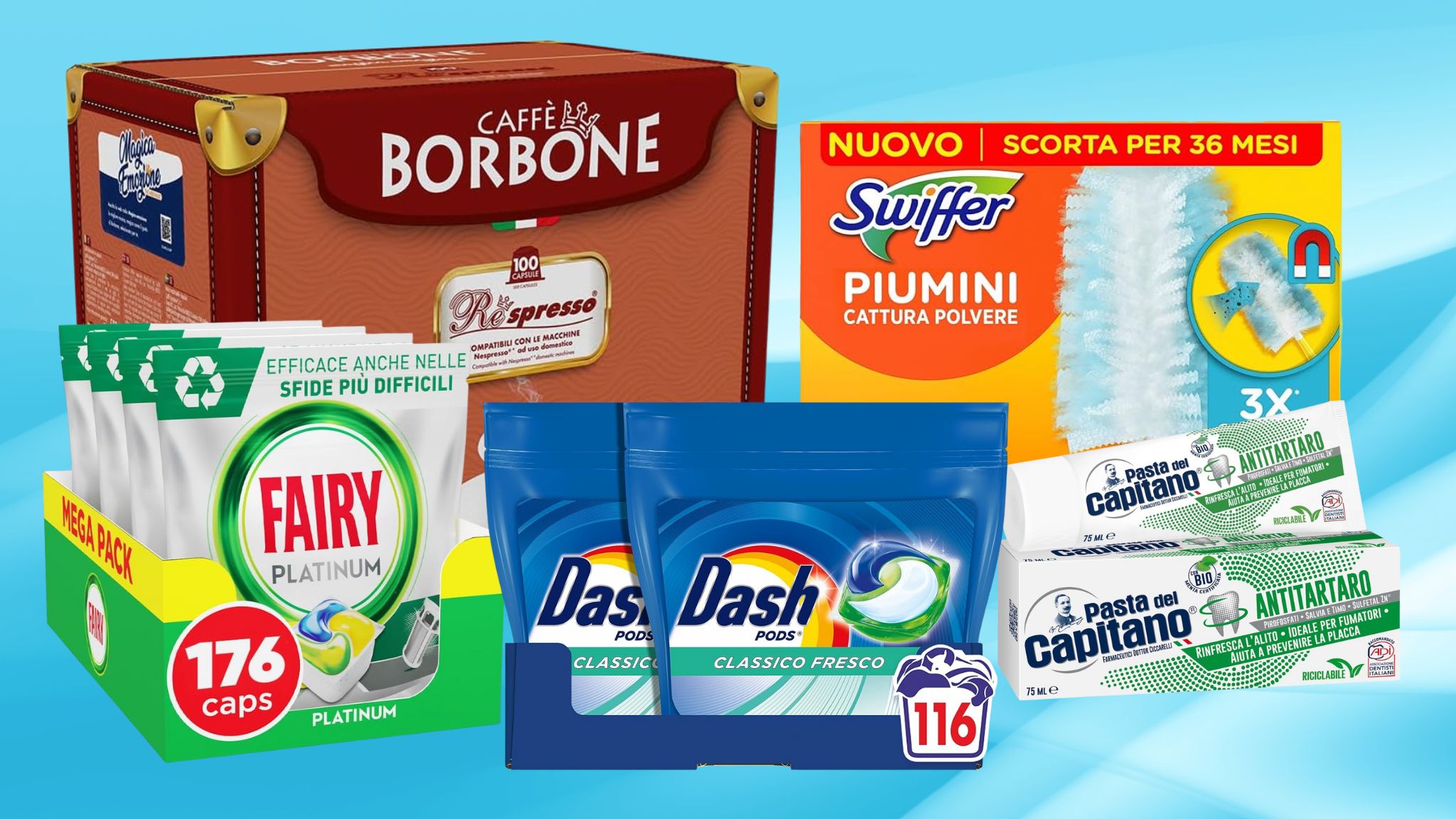 Dal caffÃ¨ ai detersivi in primo piano su sfondo azzurro