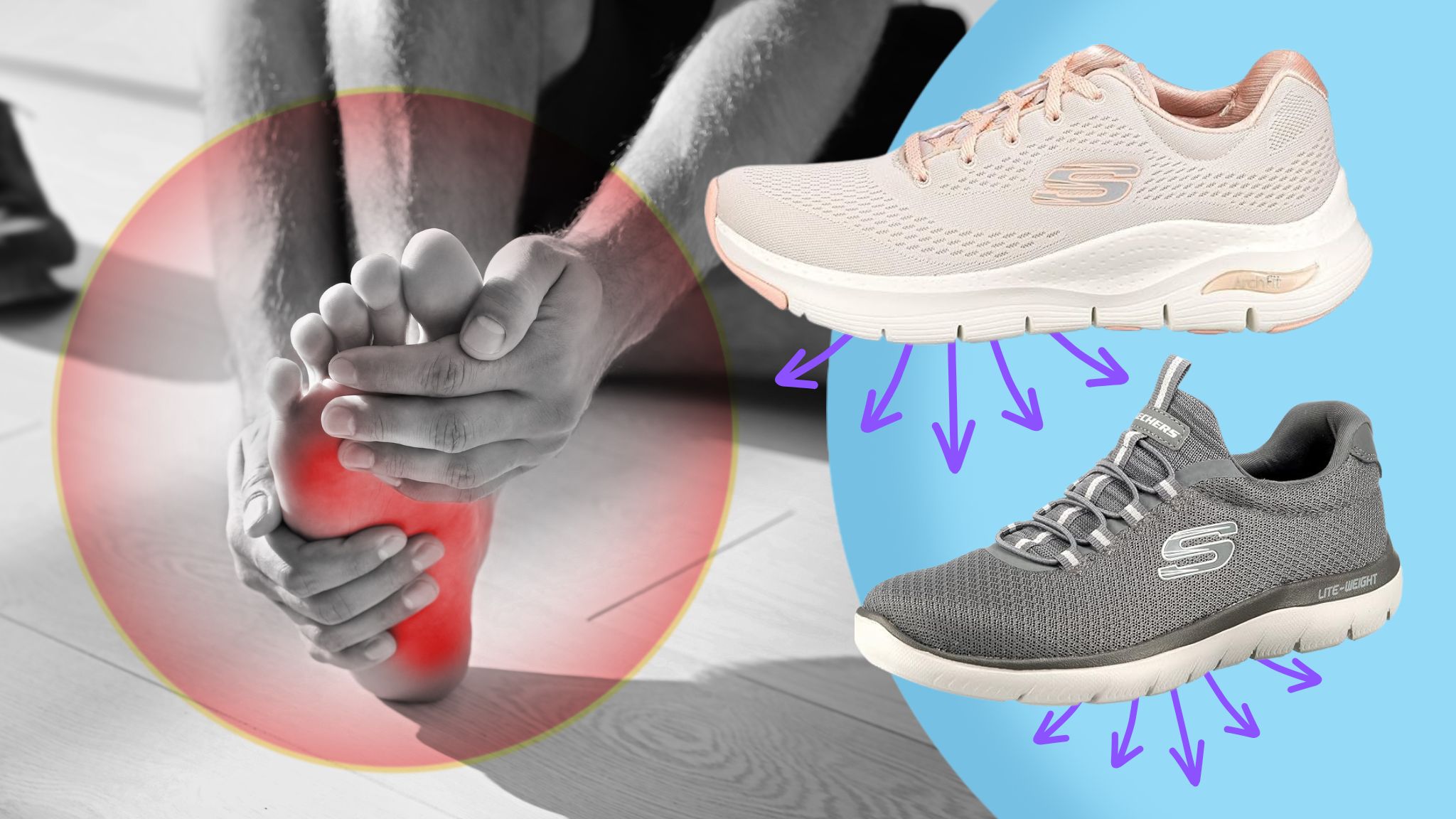 Foto con piede dolorante e due paia di scarpe comode e traspiranti
