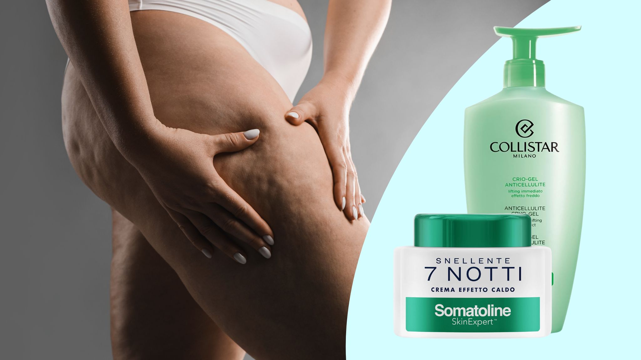 Donna con cellulite ostinata sulle gambe e migliori prodotti per eliminarla
