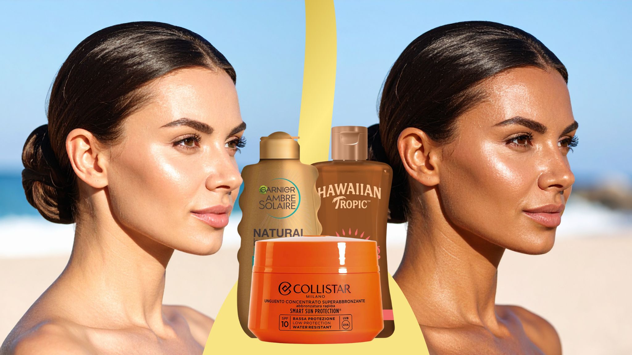 donna abbronzata prima e dopo con migliori creme abbronzanti